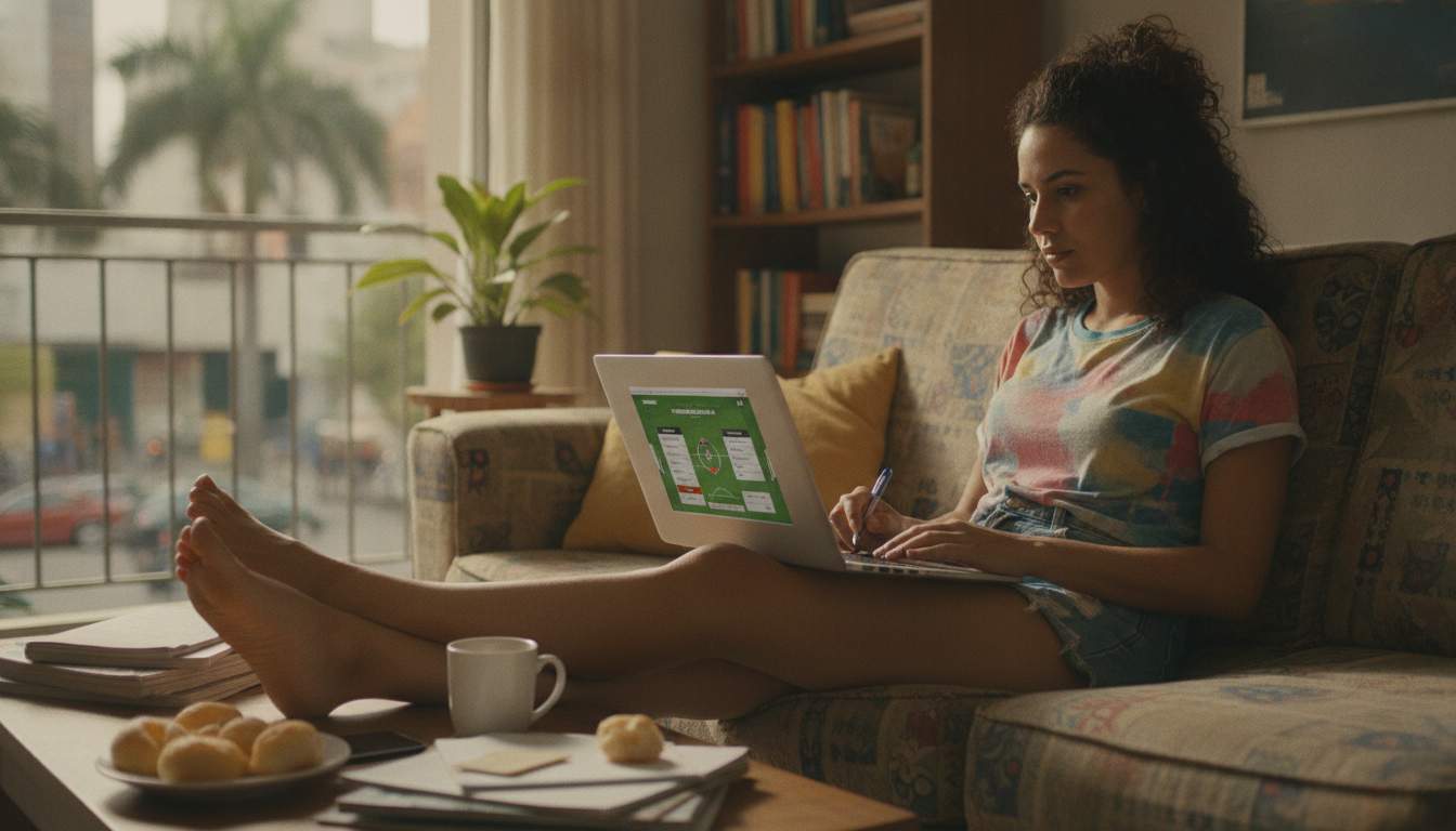 Mulher brasileira usando um laptop para apostas esportivas